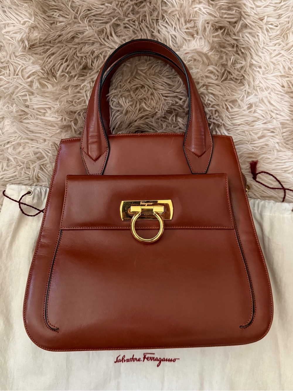 Salvatore Ferragamo Chestnut Brown Leather Top-Handle Satchel with Gold Hardware